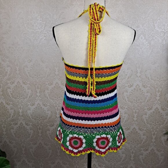 TwentyOne Size Medium Colorful Crochet Halter Top Scoop Neck Tie at Back of Neck - Picture 6 of 12